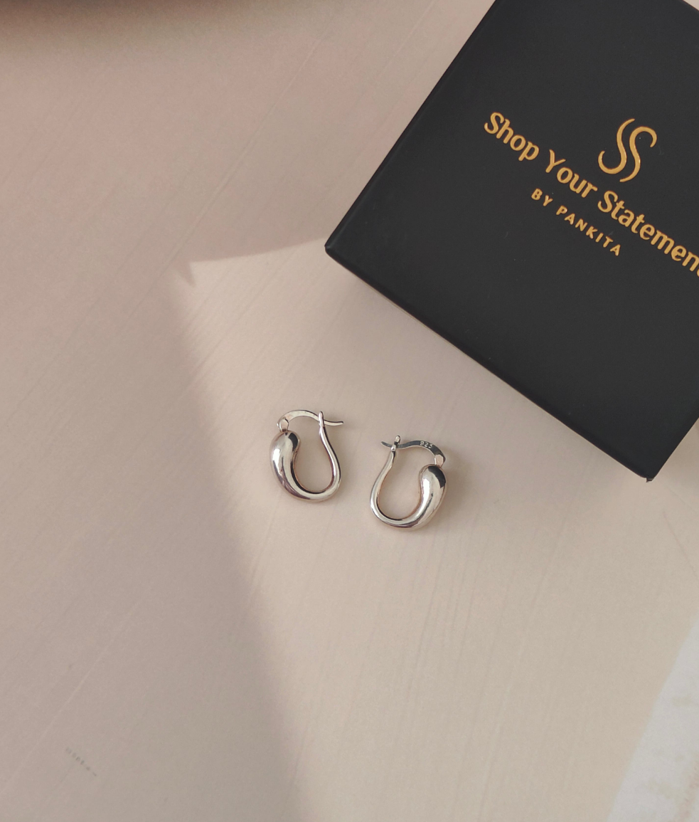 Glossy Teardrop Silver Hoop Earrings