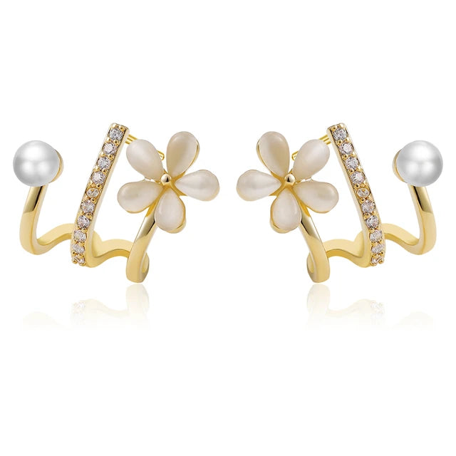Opal Flower Half Hoop Studs