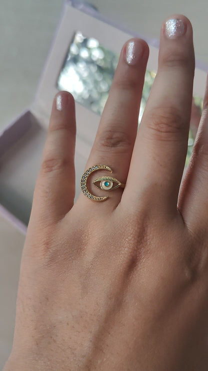 Crescent Moon Evil Eye Ring