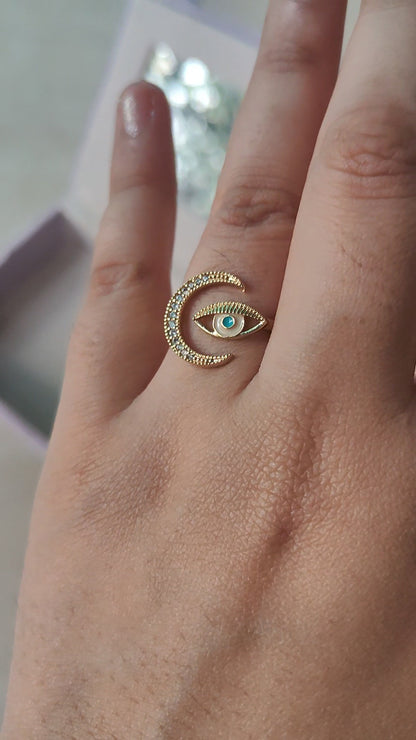 Crescent Moon Evil Eye Ring