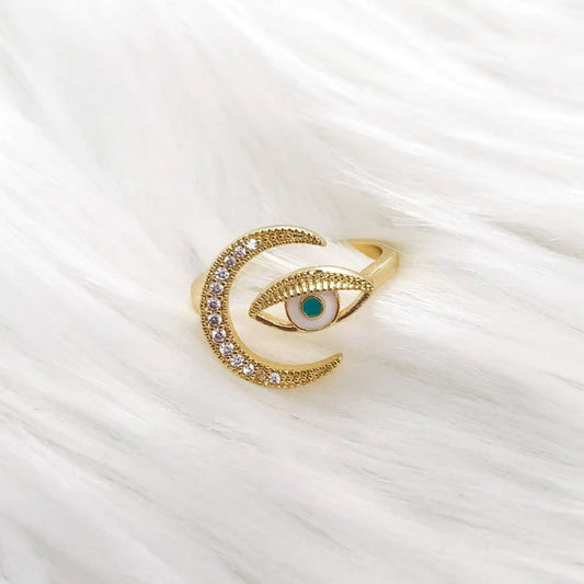 Crescent Moon Evil Eye Ring