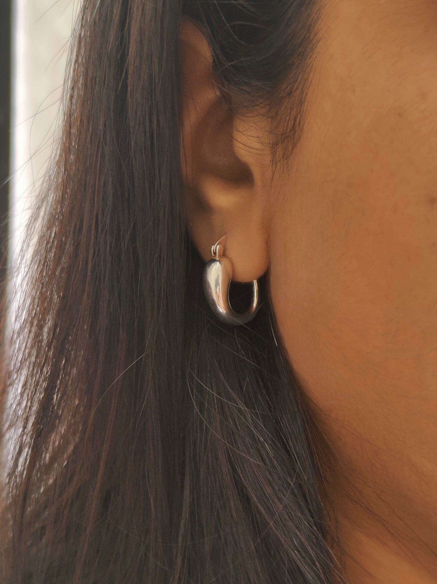 Glossy Teardrop Silver Hoop Earrings